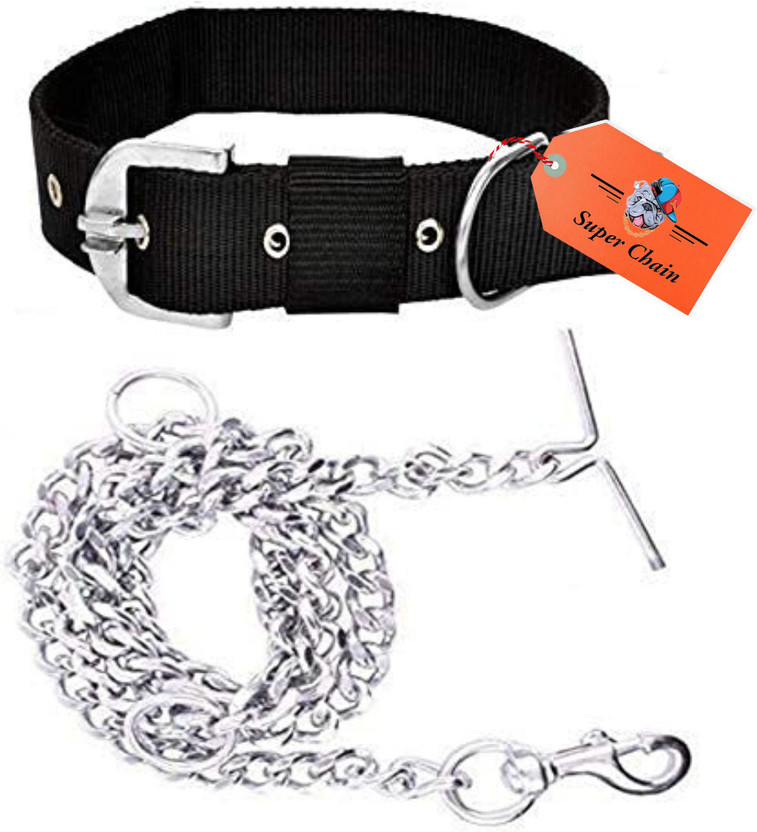 HOUSE OF COMMON Heavy Chain Leash with Nylon Collar Dog Collar & Leash(Medium, Black)