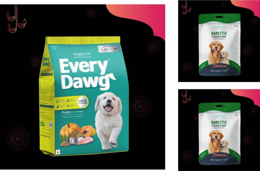 WIGGLES EVERY DRAW PUPPY 1KG & BRAKSTIX CHICKEN&HEMP 100GM 2PAC Chicken