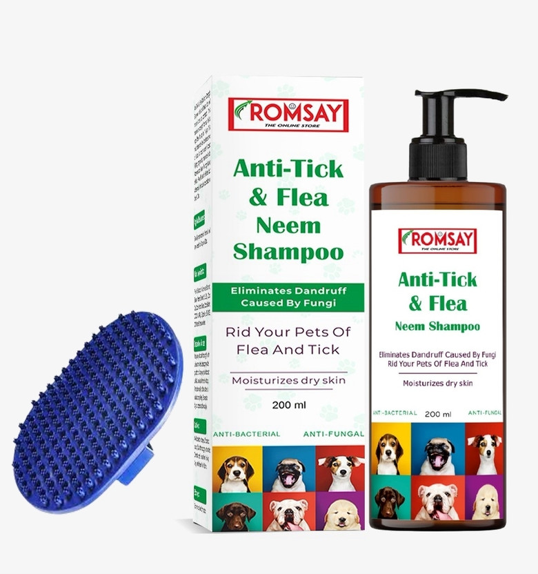 ROMSAY Tick & Flea Control Neem Shampoo With Bathing & Grooming Brush For Pets Flea and Tick, Allergy Relief, Anti-fungal, Anti-itching, Hypoallergenic Neem Dog Shampoo(200 ml)