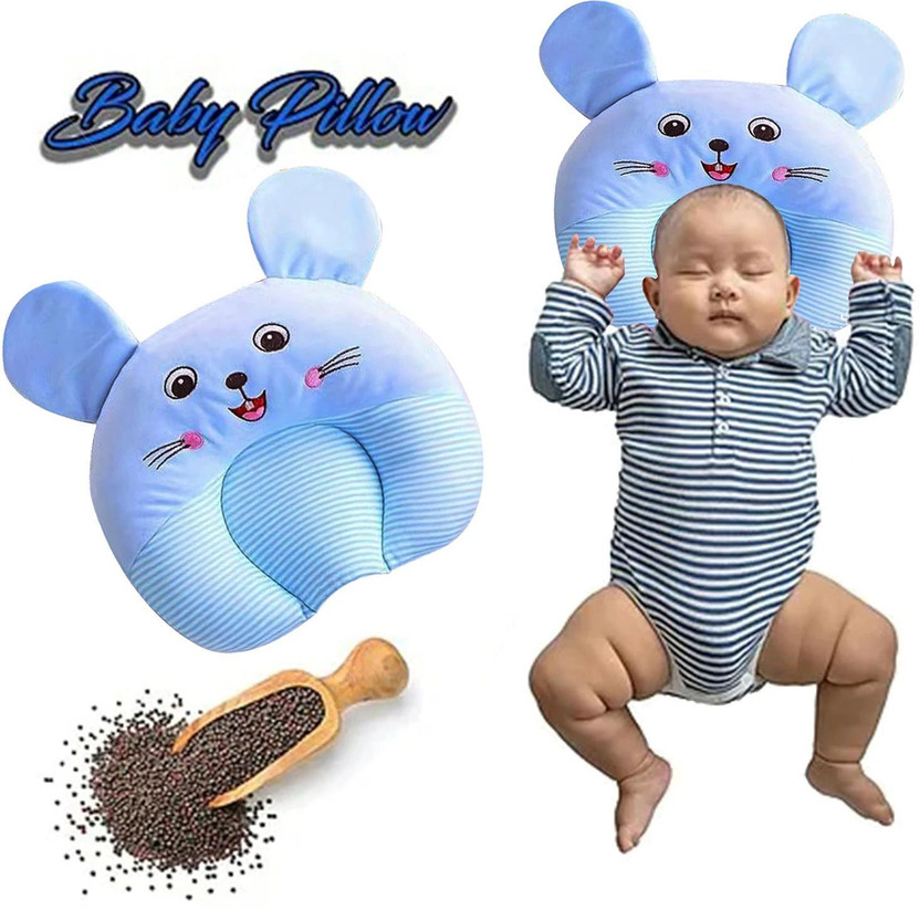 Ducudu Mustard Seed Pillow for New Born Baby, Ideal for Round Head Shaping Pillow Anti-Roll Pillow,U-Shaped / Indented Pillow Mini, and Convertible crib designs(Fabric, Light Blue)