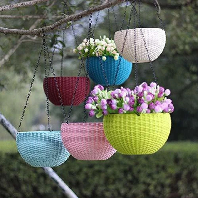 BGE Hanging Flower Pot for Plant/ Flower Pots for Home, Garden, Balcony Decoration Plant Container Set(Pack of 6, Plastic)