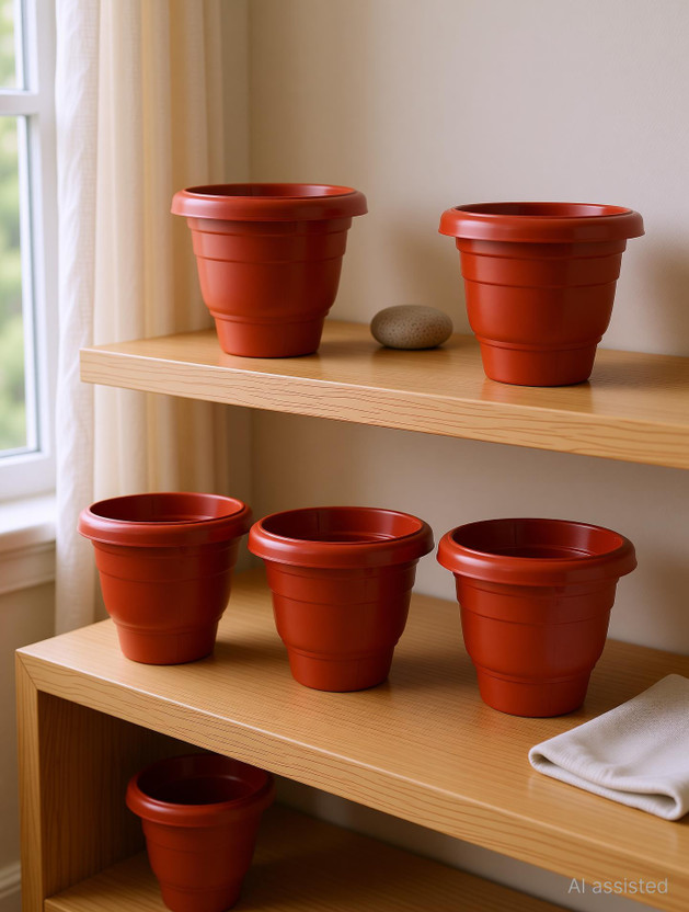 JOREN Red Round 8 Inch Plastic Pot Plant Container Set(Pack of 6, Plastic)