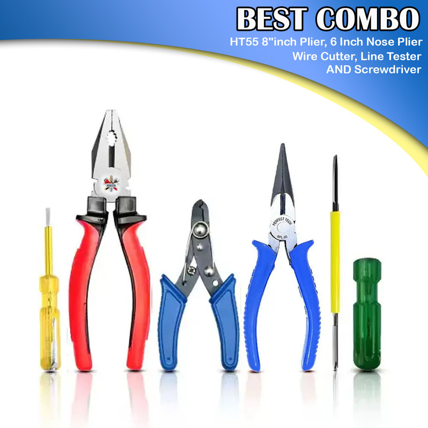 INPHATOOL | 8"inch Plier with 6 Inch Nose Plier Wire Cutter Line Tester 2in1 Screwdriver Lineman Plier(Length : 8 inch)