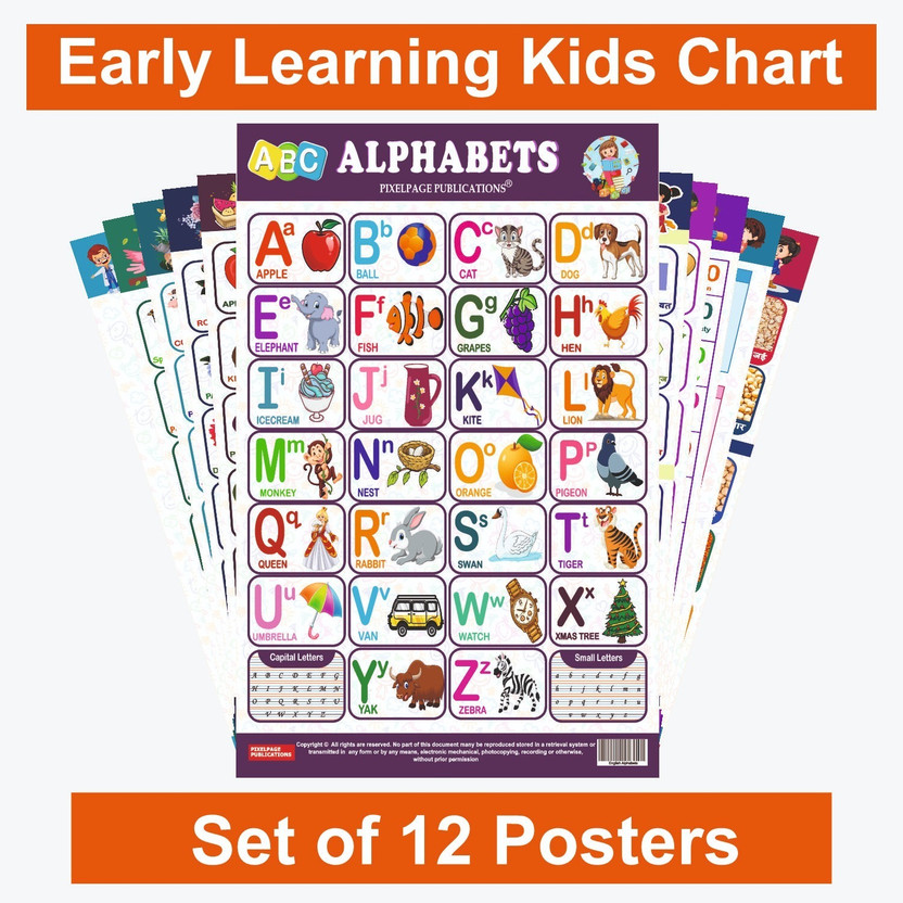 Complete Kids' Chart Set - 12 Educational Charts: ABCs, Hindi, Numbers, Fruits, Vegetables, Flowers, Multiplications, Shapes, Colours, Birds, Animals, Body Parts, Grains, Pulses - Explore, Learn, Grow Paper Print(18 inch X 12 inch)