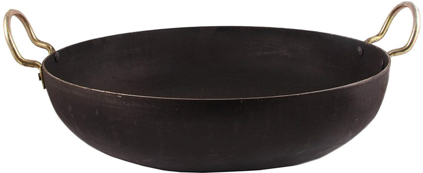 Gaurangi Traditional Iron deep Kadai/Frying Pan for Cooking, Iron Fry Kadhai/Pan Heavy Base Iron Kadhai, Handmade pan Loha/Lokhand/Lokhandi Kitchen with Golden Rings, Black Color 13 Inch 33 cm 4l Kadhai diameter 5 Liter capacity Kadhai 33 cm diameter 5 L capacity(Iron, Non-stick, Induction Bottom)