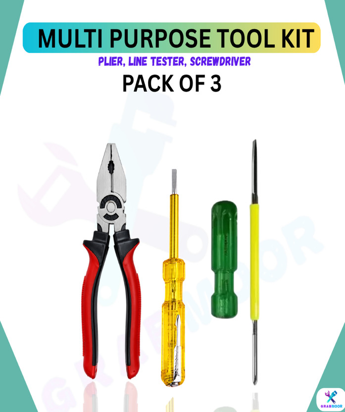 GrabMoor NV3F 8" Lineman Plier 2in1 Screwdriver Line Tester for Multipurpose Use Hand Tool Kit(3 Tools)