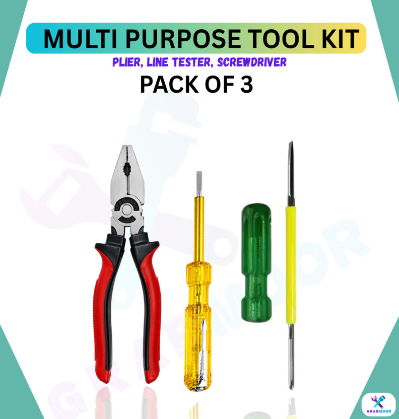 GrabMoor NV3Y 8" Lineman Plier 2in1 Screwdriver Line Tester for Multipurpose Use Hand Tool Kit(3 Tools)