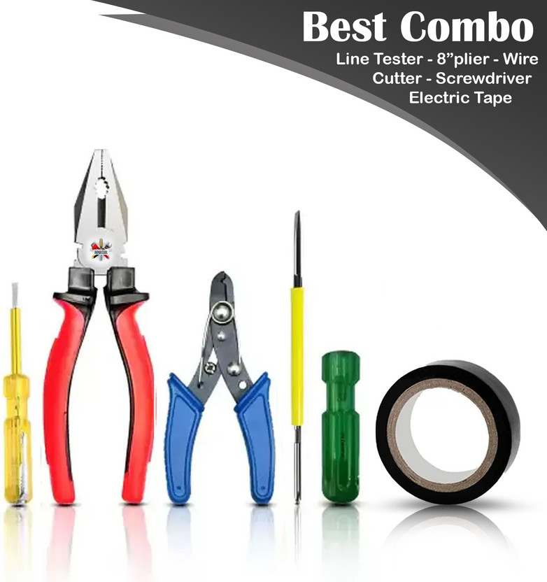 Wolzook 8" Plier with Wire Cutter,Line Tester, 2in1 Screwdriver, Tape W_a5 Hand Tool Kit(5 Tools)