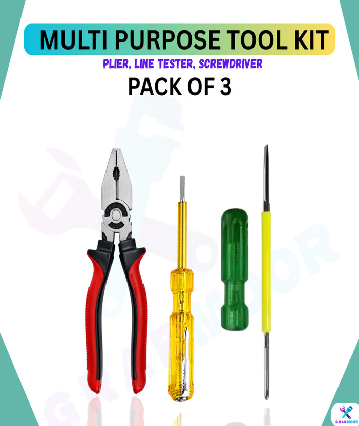 GrabMoor NV3N 8" Lineman Plier 2in1 Screwdriver Line Tester for Multipurpose Use Hand Tool Kit(3 Tools)