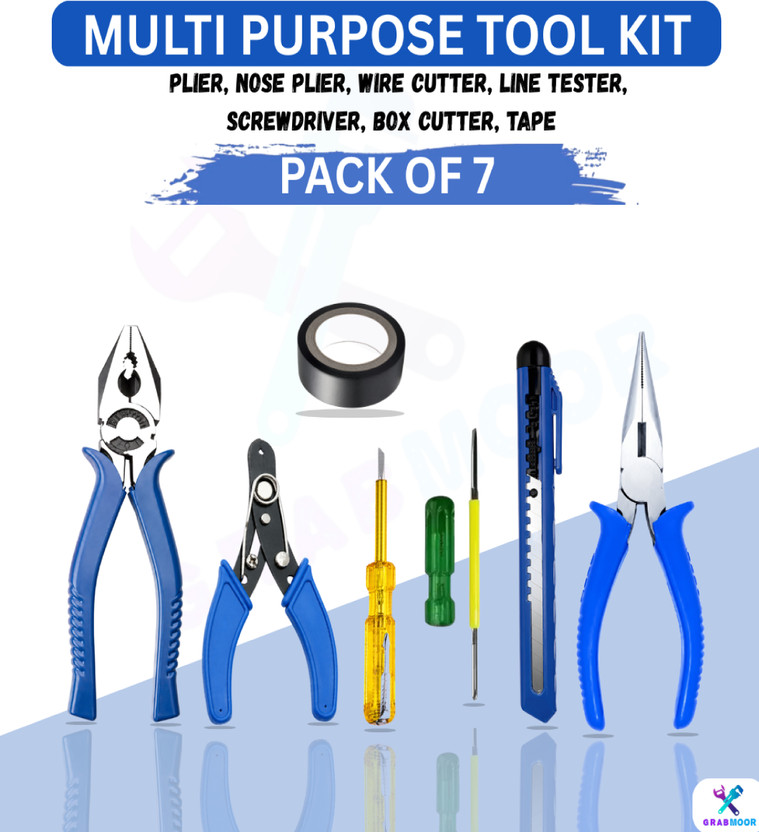 GrabMoor DG7H 8" Plier W.C. Tester 2in1 Screwdriver Nose Tape Cutter for Multipurpose Use Hand Tool Kit(5 Tools)