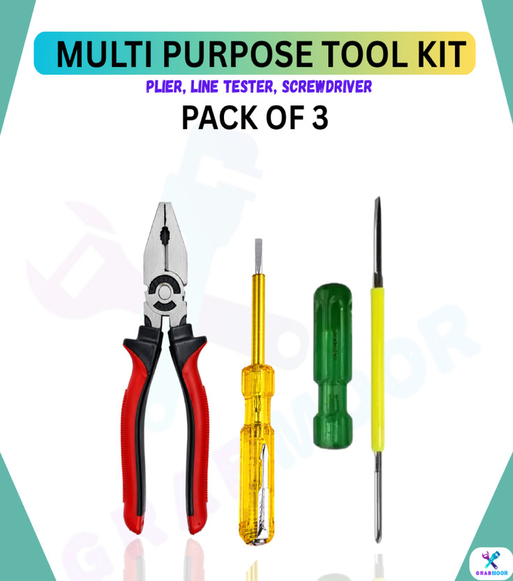 GrabMoor NV3Q 8" Lineman Plier 2in1 Screwdriver Line Tester for Multipurpose Use Hand Tool Kit(3 Tools)