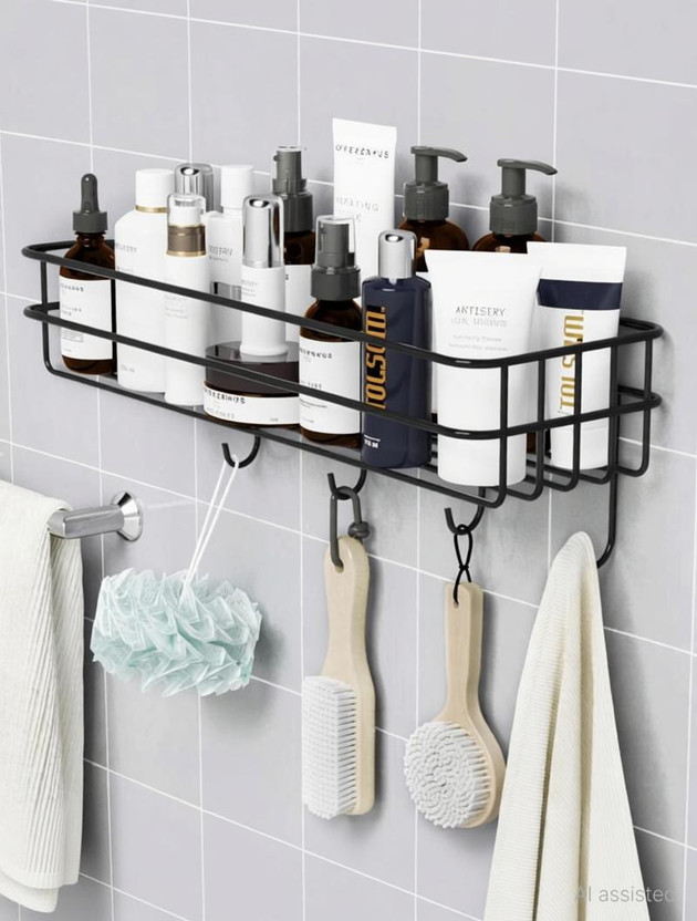 KYASO 2-Tier Wall Mounted Bathroom & Kitchen Storage Rack (Adhesive Mount) Stainless Steel Wall Shelf(Number of Shelves - 1, Black)