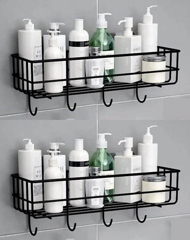 kridha Stainless Iron Coating Self-Adhesive Metal Rack Storage Shelf with 4 Hook Stainless Steel, Iron Wall Shelf(Number of Shelves - 1, Black)