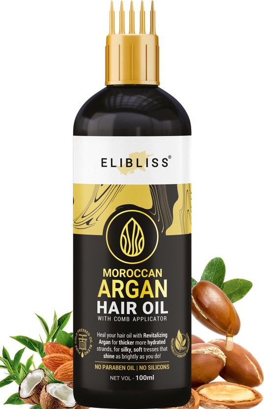 ELIBLISS Moroccan Argan Hair Oil WITH COMB APPLICATOR - for Anti-Hair Fall - for All Hair Types - Cold Pressed - No Mineral Oil & Silicones Hair Oil(100 ml)