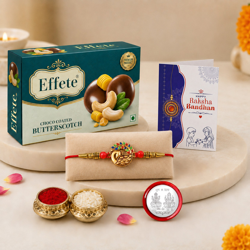 Effete Designer Rakhi Combo|Rakhi for Men with Roli Chawal ,Choco Butterscotch Chocolate Box and Greeting Card, Laxmi Silver Coin | Festival of Raksabandhan(K1_681_B32) Combo(6)