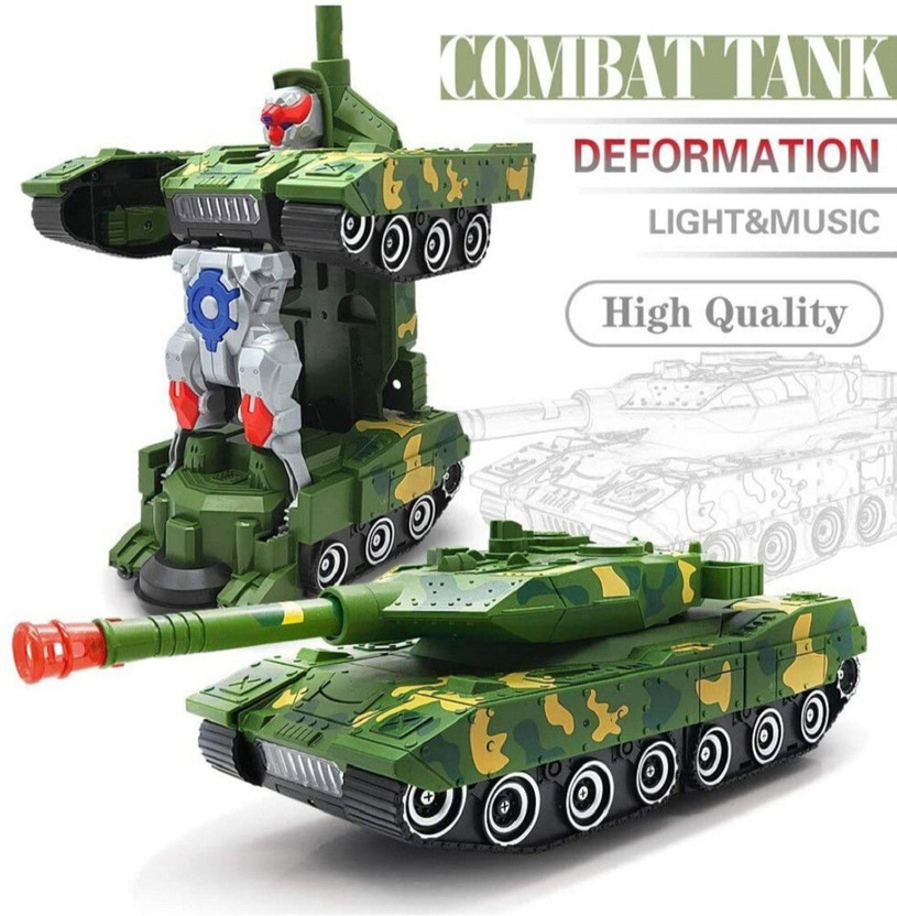 Kidzfun Army Combat Tank Transforming Robot Toy for Kids / LED Light / Music / Bump Function(Green)