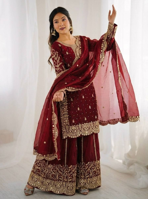 i kodal Embroidered Kurta, Palazzo & Dupatta Set