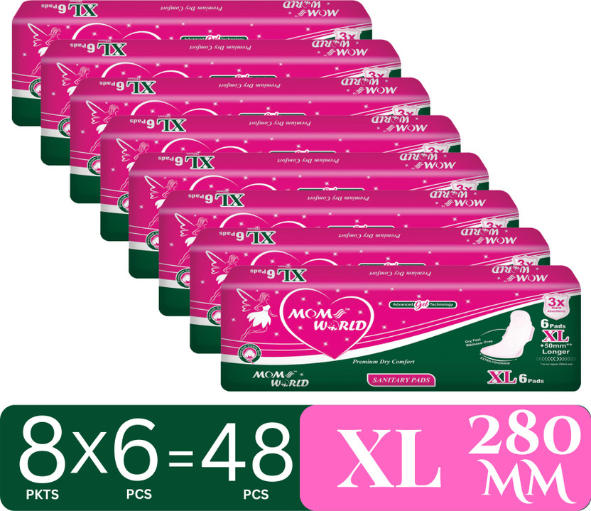Moms World Sanitary Pads For Women XL 280MM | Soft & Rash Free| Quick Absorption | Straight Sanitary Pad(Pack of 48)