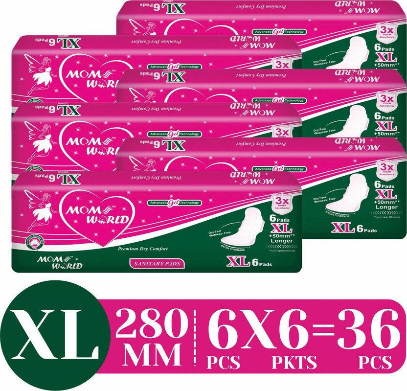 Moms World Sanitary Pads For Women| Soft & Rash Free | Quick Absorption| Dry Comfort | XL- Sanitary Pad(Pack of 36)