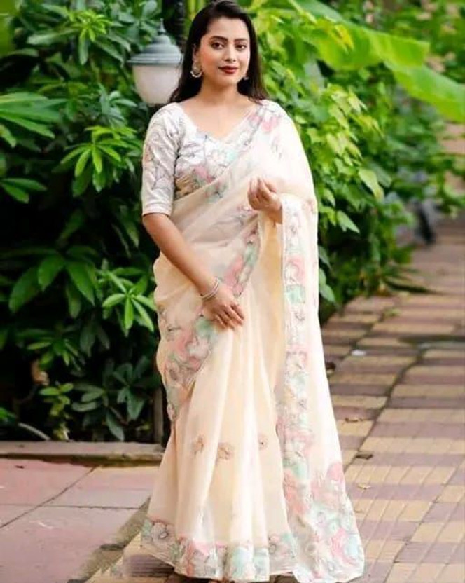 JK JK ETHNIC WEAR Floral Print, Printed Daily Wear Cotton Linen Saree(Beige) - Flipkart Deal