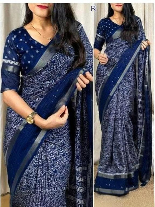 Ridham Floral Print, Geometric Print Kalamkari Silk Blend Saree(Blue)
