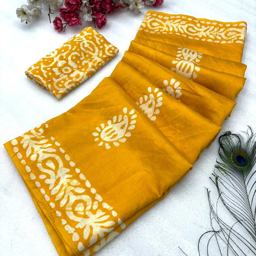 kiaan fashion Blocked Printed, Printed Hand Batik Pure Cotton Saree(Gold)