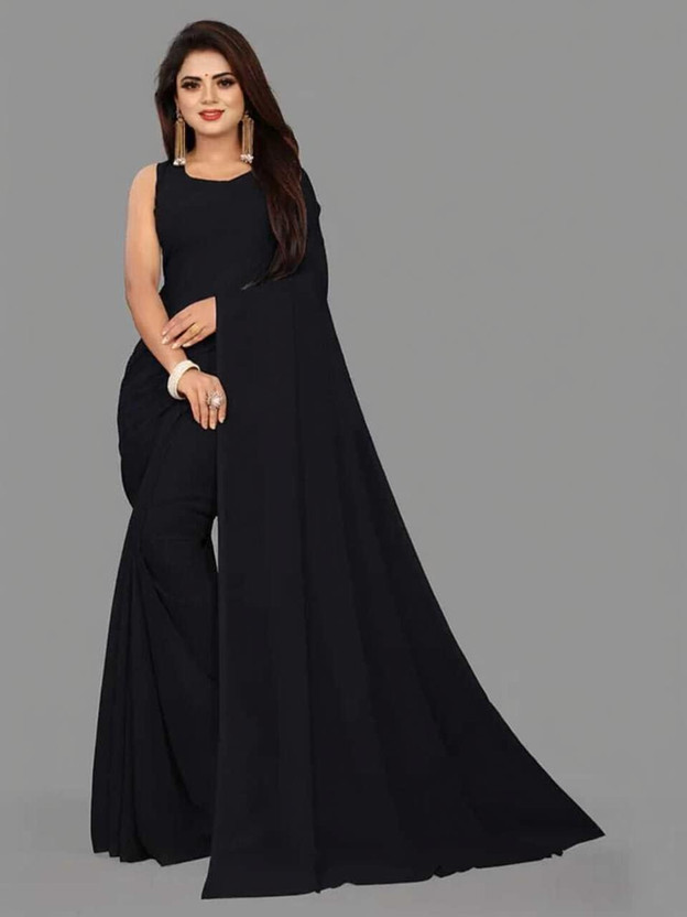 PRIME ZONE WORLD Solid/Plain Bollywood Georgette Saree(Black)