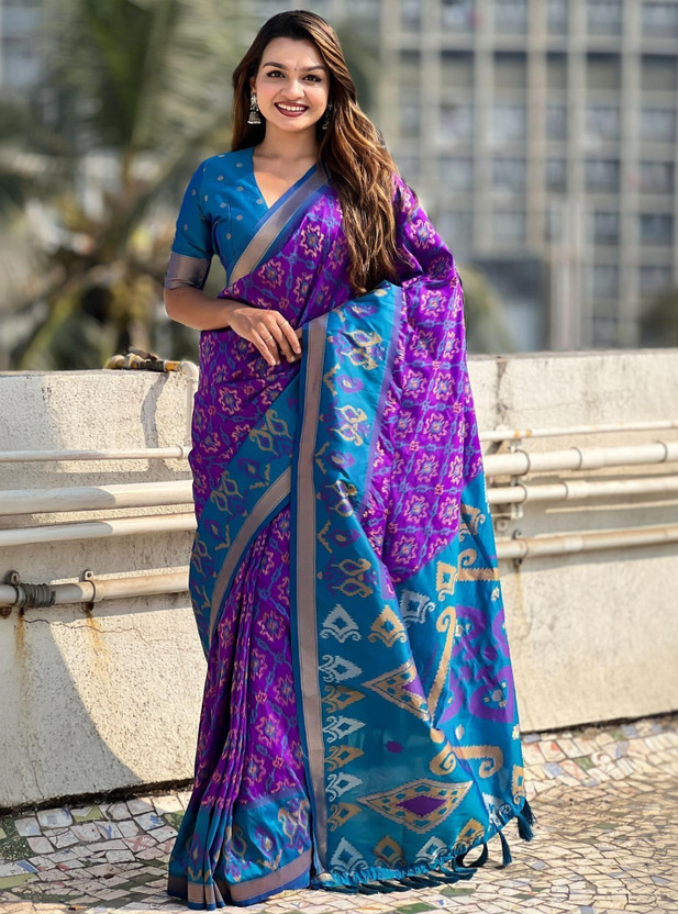 ROOP ROOP LAVANYA Woven Patola Pure Silk, Art Silk Saree(Purple, Light Blue) - Flipkart Deal