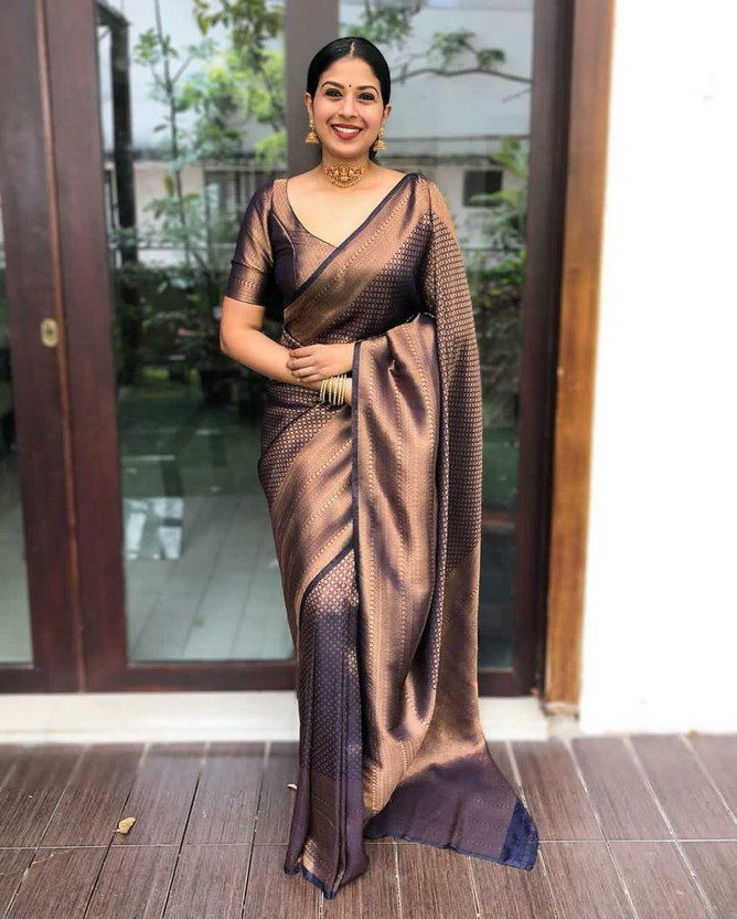 KHANJAN KHANJAN FASHION Geometric Print, Graphic Print, Woven Kanjivaram Pure Silk, Jacquard Saree(Brown) - Flipkart Deal