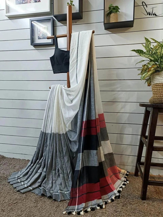 PRAVATI FASHION Solid/Plain Handloom Cotton Blend Saree(Multicolor)