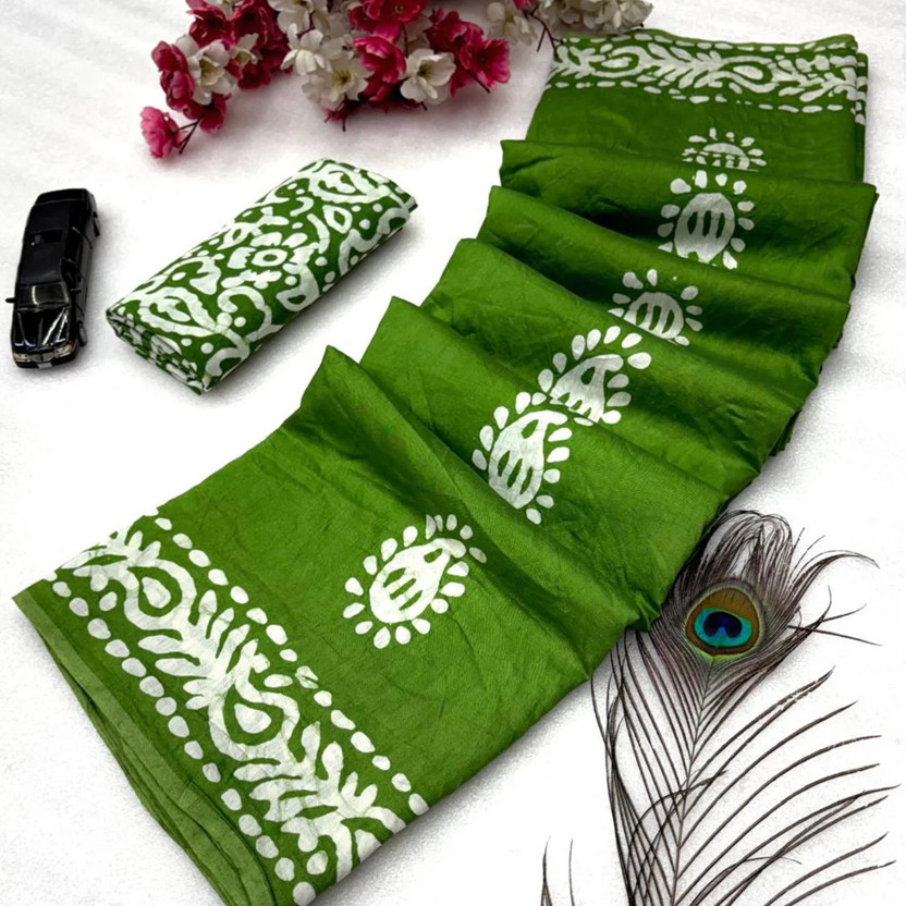 kiaan kiaan fashion Printed Daily Wear Pure Cotton Saree(Green) - Flipkart Deal