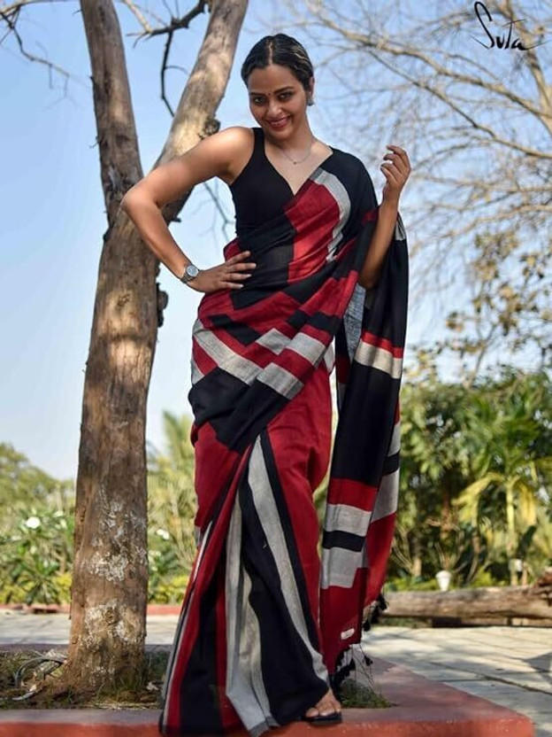 LushLooms Striped Handloom Cotton Blend Saree(Multicolor)