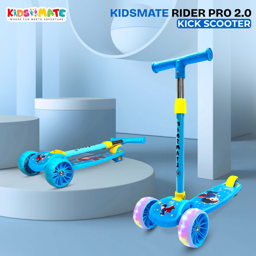 Kidsmate Kidsmate Rider Pro 2.0 Kids Kick Scooter | 3-Wheel with LED Lights & Adjustable Height Kids Scooter(Blue, Pack of 1) - Flipkart Deal