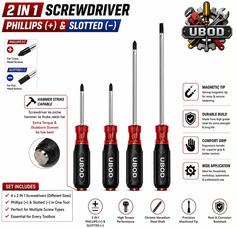 Ubod Magnetic 2in1 Screwdriver Tip Hammer Strike Cap Phillips & Slotted Types Long Handle Screwdriver Set(Pack of 4)