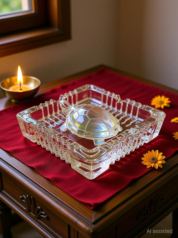 Divine Creations Crystal tortoise with a Square Plate for Vastu is a Great Addition to your Home Decorative Showpiece  -  10 cm(Glass, White)
