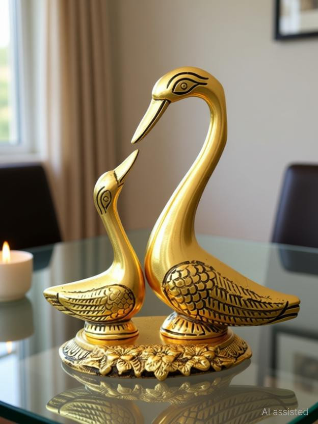 Metal Handicrafts Swan Pair / Kissing Duck Decorative Showpiece  -  14 cm(Aluminium, Multicolor)