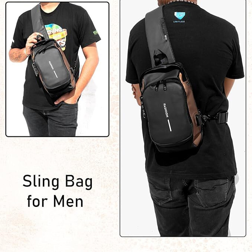 romj Black, Brown Shoulder Bag sling bag businessman bag chest cross body bag with USB charging port