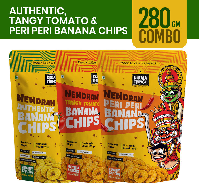 Kerala Thingz 280g Combo | Peri Peri 100g, Tangy Tomato 100g & Authentic 80g Nendran Banana Chips(3 x 93.33 g)