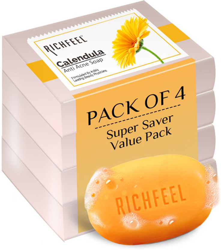 RICHFEEL Calendula Anti-Acne Soap For Acne skin & Blemishes 75g (Pack of 4)(4 x 75 g)