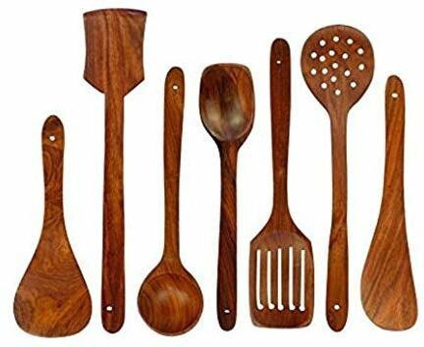 Hubque Handmade Sheesham Non-Stick Wooden Cooking Spoon & Spatula Set For Cooking, Serving In Home Kitchen Organising items | Kitchen Accessories For Home, Kitchen Decor - Set of 7 (Natural Brown) Kitchen Tool Set(Natural Brown, Spatula)