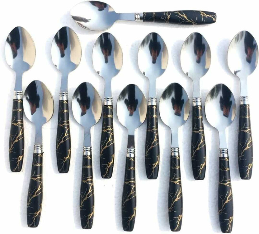 krishnaa enterprises Spoons Set Dining table Premium Black Marble Ceramic Design Dinner Spoon Stainless Steel Table Spoon Set(Pack of 12)
