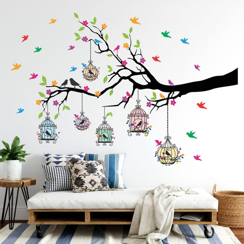 KgnDesigns 58 cm Tree Branches with Birdcage And Flower Wall Self Adhesive sticker Self Adhesive Sticker(Pack of 1)