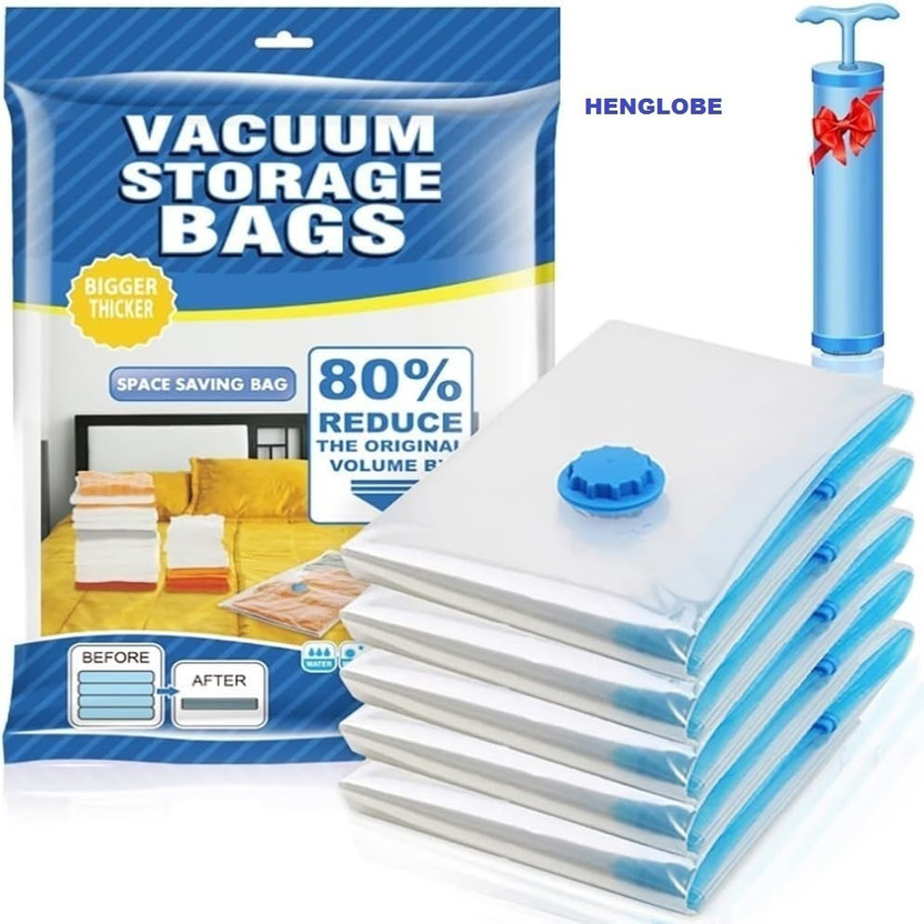 HENGLOBE Vacuum Sealer Bags Airtight Reusable Packing Ziplock Bag with Travel Hand Pump Travel Storage Vacuum Bags(Pack of 5)