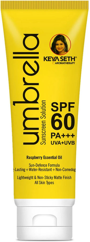 KEYA SETH AROMATHERAPY Sunscreen - SPF 60 PA+++ Umbrella Sunscreen Solution SPF 60 with PA+++ Long Lasting UV Protection, Sun defence Formula Oil Control Enriched with Essential Oil Wheatgerm & Micronized Zinc Oxide(100 ml)