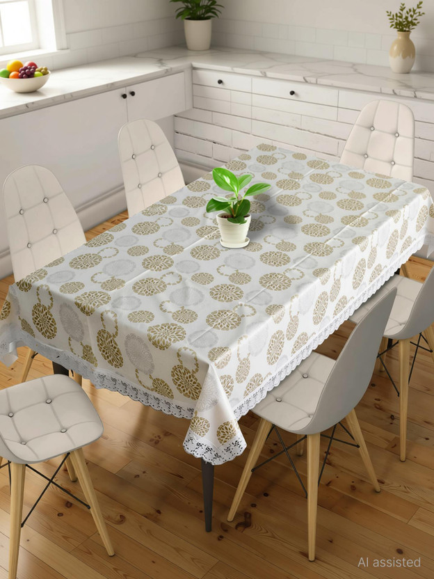 CASA FURNISHING PVC 6 Seater Floral Table Cover(White, Gold)