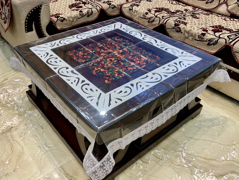 Jainco Decor PVC 4 Seater Solid, Self Design Table Cover(Transparent, Silver)