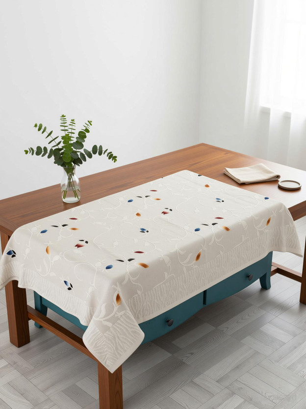 Fratco Cotton 4 Seater Self Design Table Cover(White)