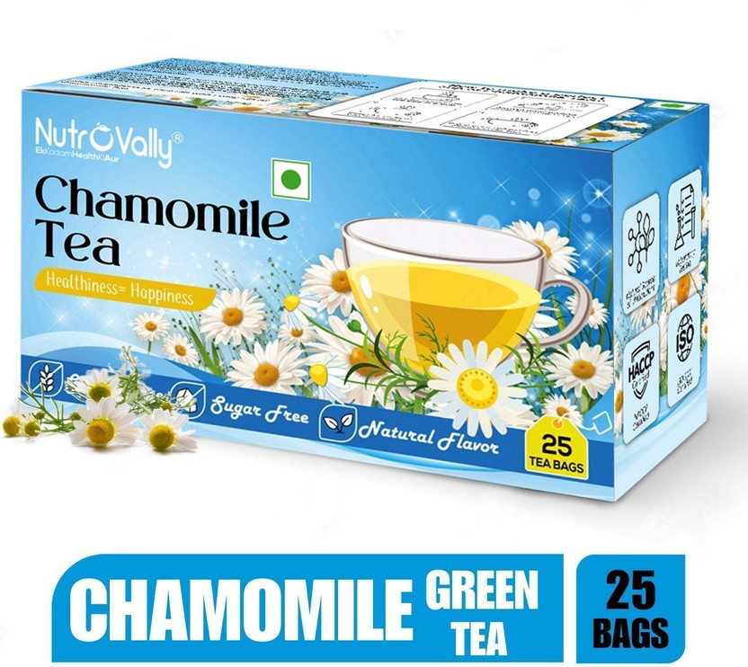 NutroVally Chamomile Tea for Stress Relief | 100% Better Sleep & Relaxing Herbal Tea Leaves Chamomile Green Tea Bags Box(25 Bags)
