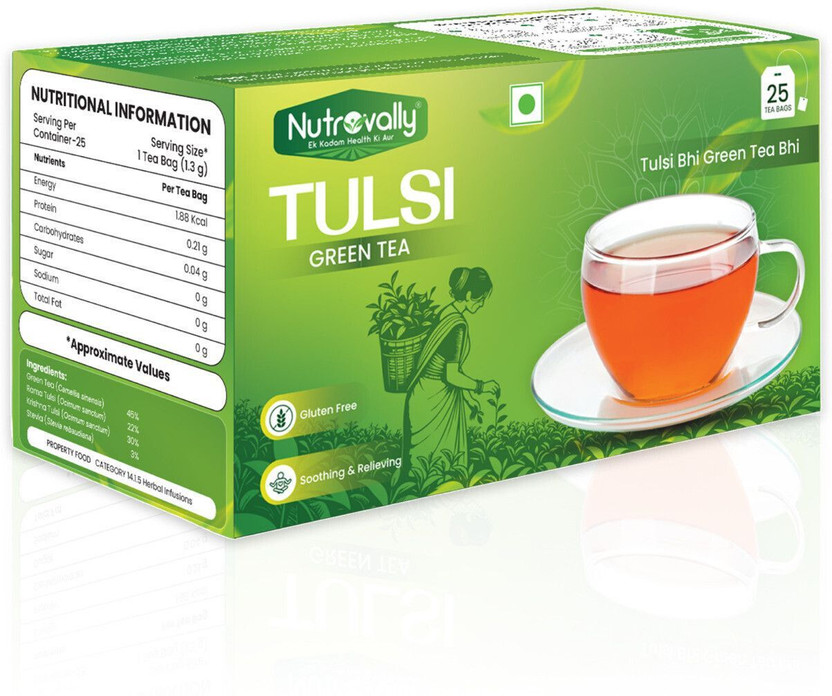 NutroVally Green Tea with Tulsi | Natural Weight-Loss Support Tulsi Green Tea Bags Box(25 Bags)