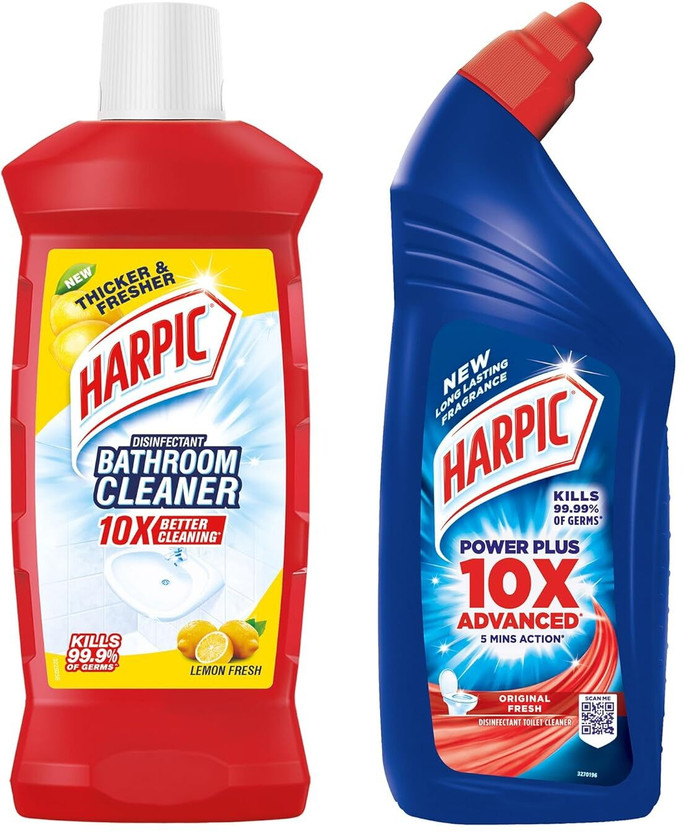Harpic Bathroom Cleaner, Lemon - 1 Ltr. With Toilet Cleaner, Original - 1 Ltr. Lemon(2 x 1 L)